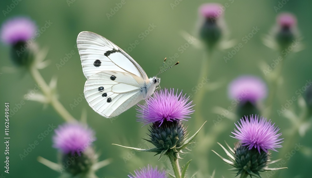 Una mariposa blanca con venas negras posada sobre una flor de cardo púrpura sobre un fondo verde borroso Una mariposa blanca con venas negras posada sobre una flor de cardo púrpura sobre un fondo verde borroso