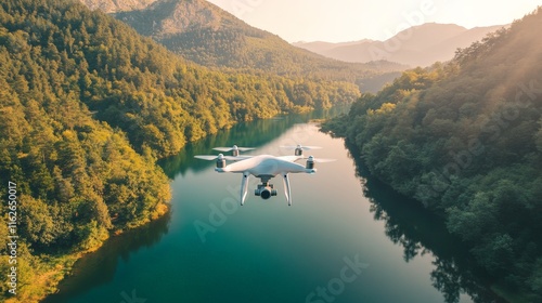 Wallpaper Mural High-tech drone flying over scenic forest river view Torontodigital.ca