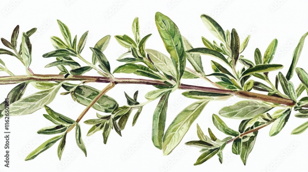 Fototapeta premium Watercolor Thyme Sprig Botanical Illustration Herbal Plant Green Leaves Nature Cooking Ingredient