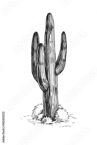 Vector hand-drawn illustration of desert cactus. Saguaro. Black and white sketch symbol of Wild West. American flora. 