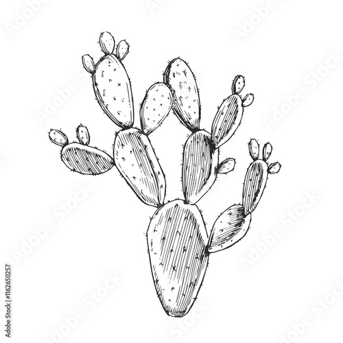 Vector hand-drawn illustration of prickly pear. Black and white cactus. Wild succulent. Flora of desert.
