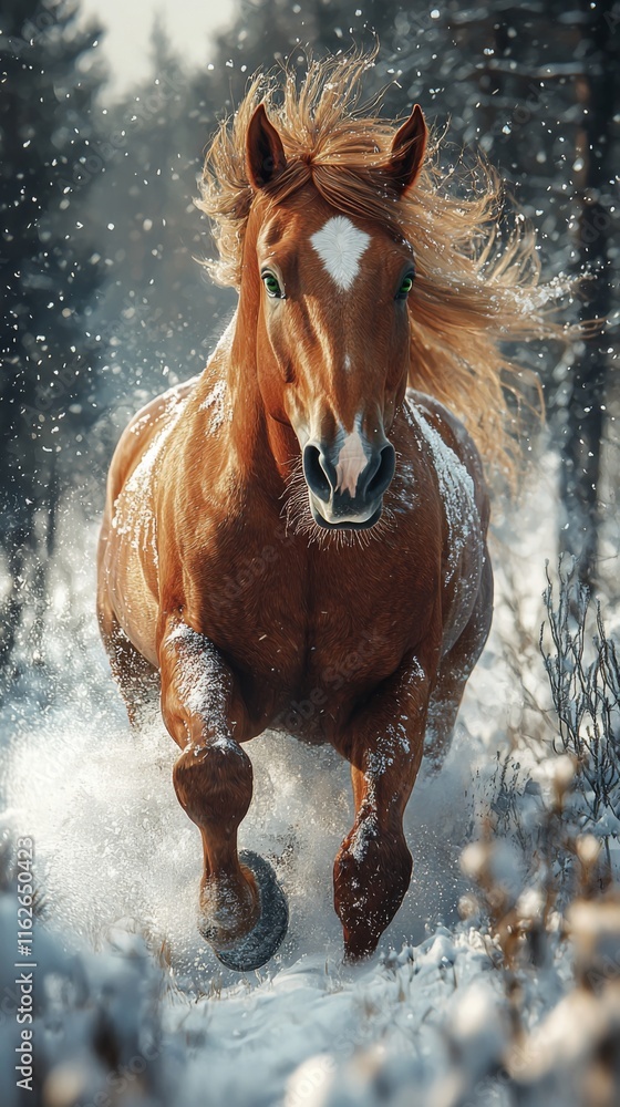 Obraz premium Majestic chestnut horse galloping through snowy forest with flowing mane under winter sky