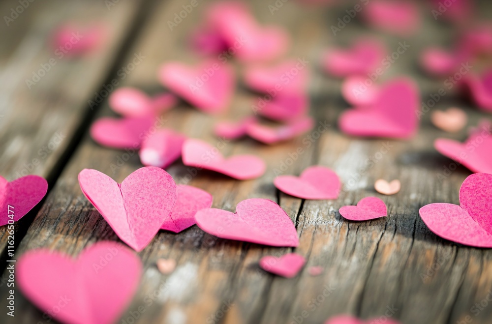 Scattered Pink Paper Hearts on Rustic Wood: Valentine's Day Romance Scattered Pink Paper Hearts on Rustic Wood: Valentine's Day Romance