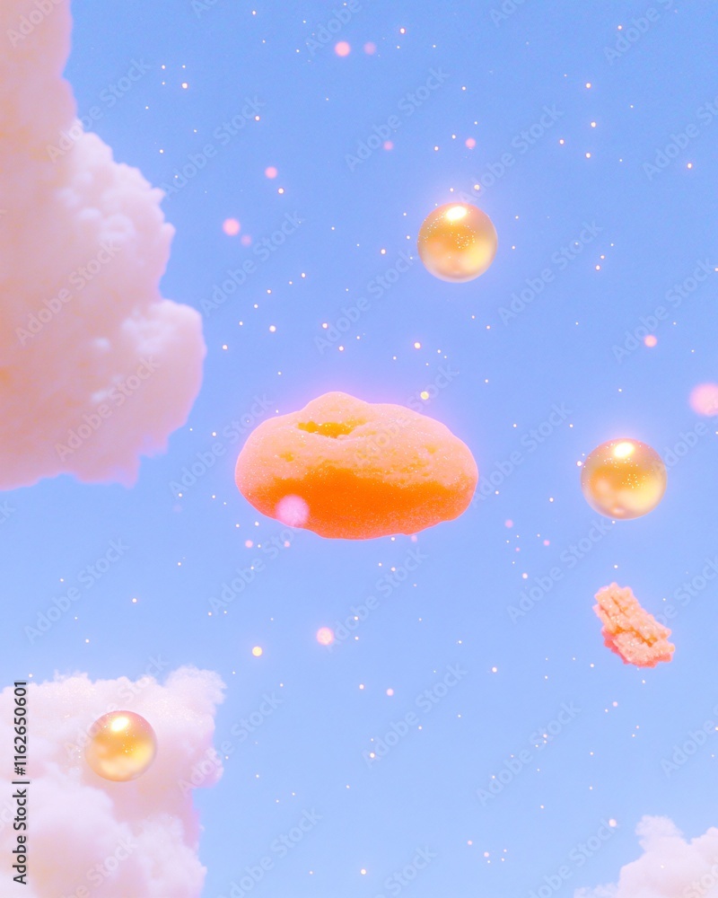Fototapeta premium Pastel Cloudscape with Golden Spheres and Abstract Forms