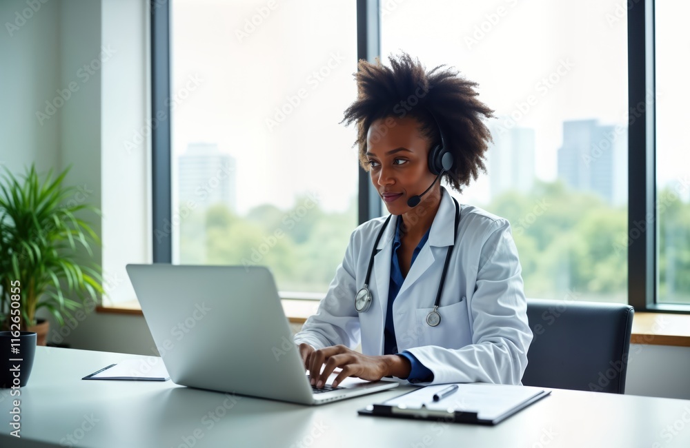 Black female doctor uses laptop for online consultations in modern office. Wears headphones for virtual patient care. Remote healthcare services, primary care shown. Seems to helping patients. Modern Black female doctor uses laptop for online consultations in modern office. Wears headphones for virtual patient care. Remote healthcare services, primary care shown. Seems to helping patients. Modern