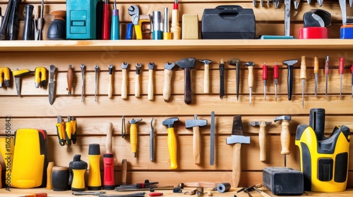Comprehensive tool collection on a garage wall, showcasing essential equipment for DIY projects and home improvement enthusiasts.