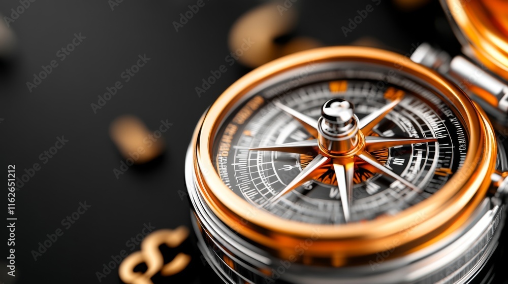 Fototapeta premium Intricate compass with orange and silver detailing resting on a black surface surrounded by small decorative elements