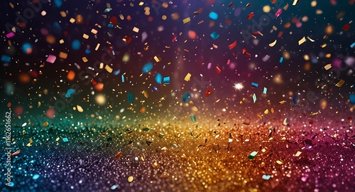 Colorful glitter and confetti on a bright gradient background. Eve event posters, party invitations, pop art