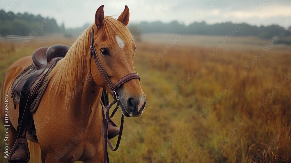 Obraz premium Brown horse with a saddle standing in the rain at a ranch with other horses in the background