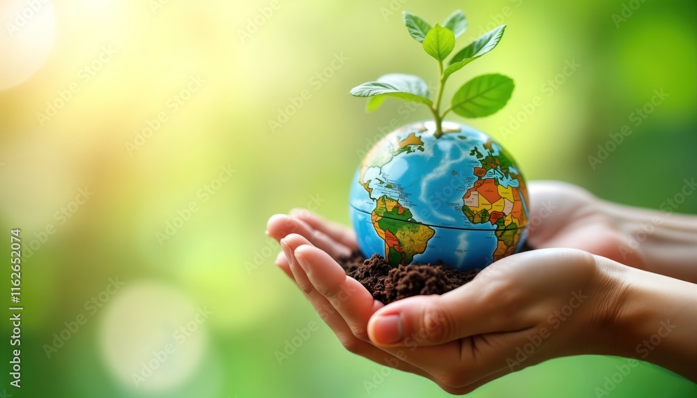 Hands hold small globe with plant growing out of. Earth cared for, nurtured. Eco friendly photo captures concept of global sustainability, conservation. Nature background blurs. Daytime setting. Hands hold small globe with plant growing out of. Earth cared for, nurtured. Eco friendly photo captures concept of global sustainability, conservation. Nature background blurs. Daytime setting.
