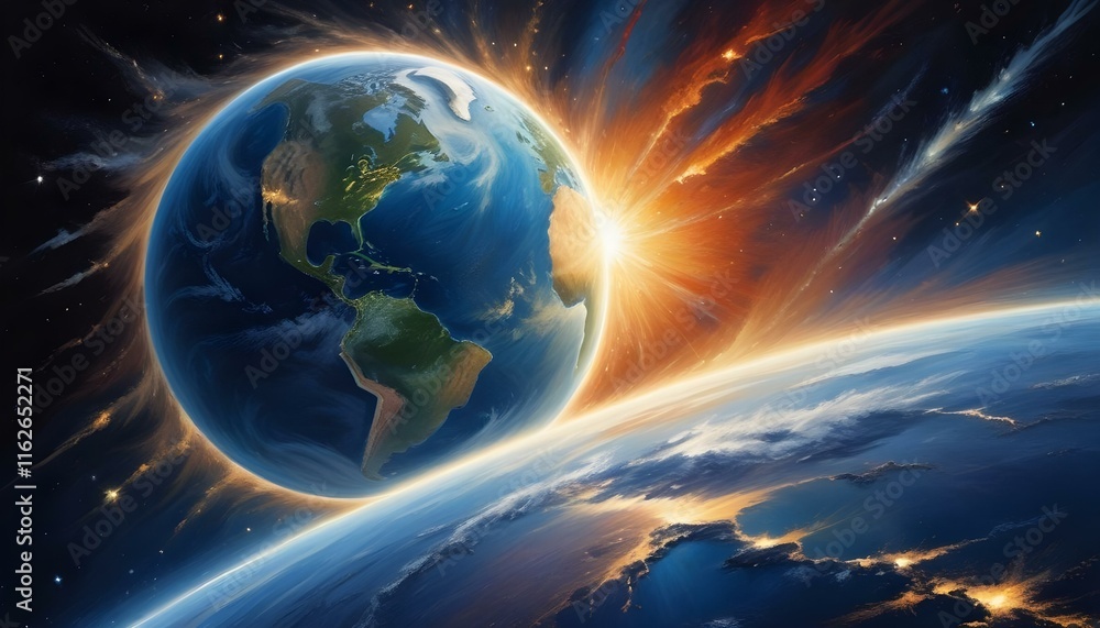 Una vista de la Tierra desde el espacio, con el planeta parcialmente visible contra un fondo de estrellas y una fuente de luz brillante, posiblemente el sol, brillando desde el borde del encuadre Una vista de la Tierra desde el espacio, con el planeta parcialmente visible contra un fondo de estrellas y una fuente de luz brillante, posiblemente el sol, brillando desde el borde del encuadre