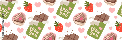 Valentine pattern with Pink box of chocolates, candies and strawberries. Festive romantic background with various sweets. Gift for your dear friend. For pastry shop, wrapping. Vector flat illustration