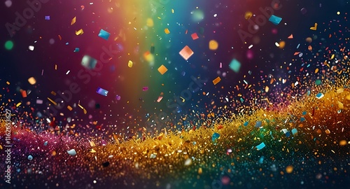 Colorful glitter and confetti on a bright gradient background. Eve event posters, party invitations, pop art