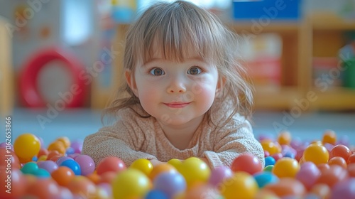 Happy child playing with colorful building blocks in a classroom during morning playtime