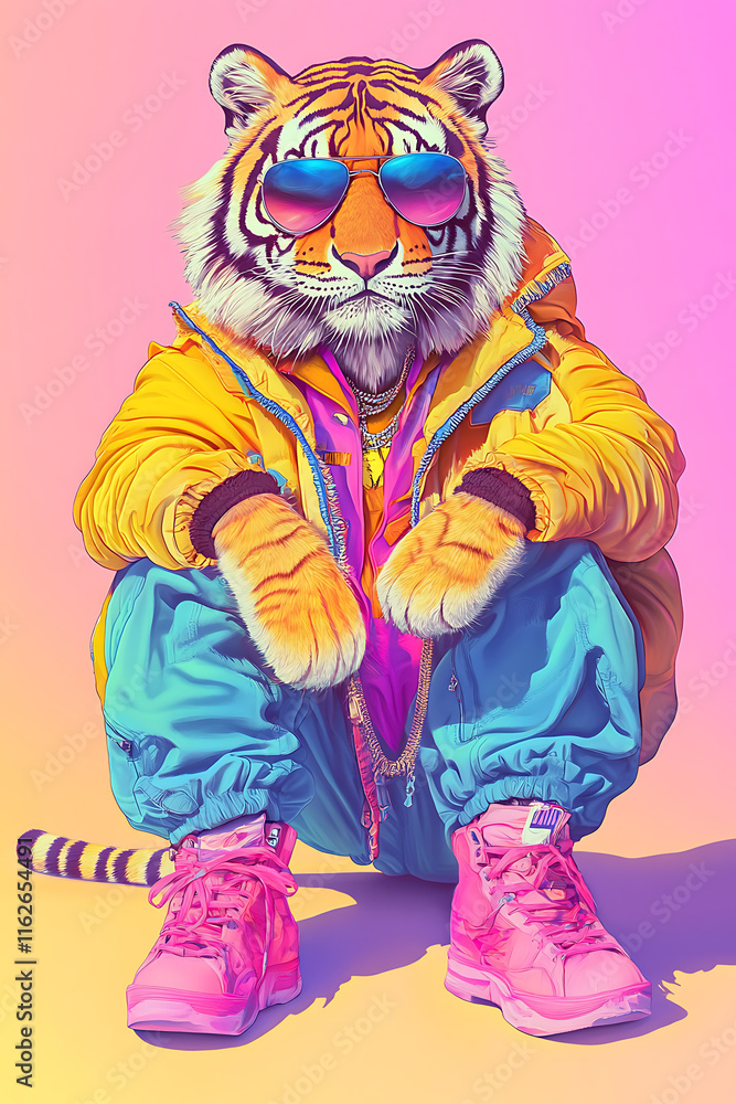Fototapeta premium A stylized tiger wearing sunglasses and colorful clothing, sitting in a playful pose.