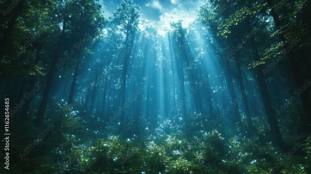 Obraz premium Morning Glow. Sunlight beams through dense green forest trees in peace