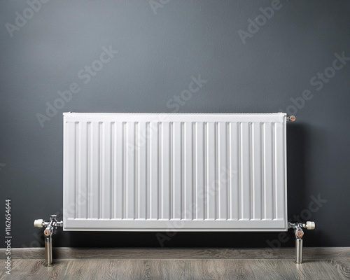 Wallpaper Mural On a grey wall is a white heating radiator. system for central heating. Give your text some free copy space Torontodigital.ca