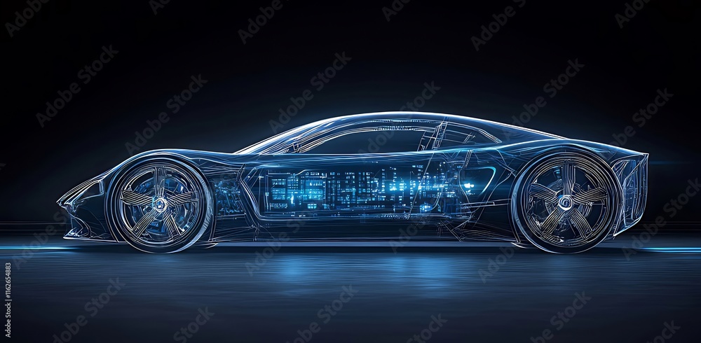 Futuristic sports car with transparent body showcasing internal components. Futuristic sports car with transparent body showcasing internal components.