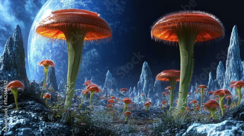 Mystic Forest. Psilocybin therapy Muscimol Microdosing Psilocin Mushroom microdose Simulated reality Puraclenz Mindbloom Host Defense Cybin Glowing orange mushrooms under starry night fantasy lan