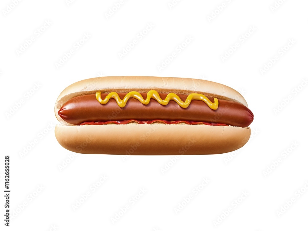 Closeup of hotdog with zigzag mustard and soft bun isolated on white background. Closeup of hotdog with zigzag mustard and soft bun isolated on white background.