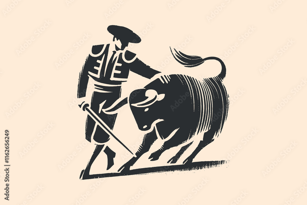 Ταπετσαρία Minimalistic hand drawn brush bullfighter and bull in primitive style