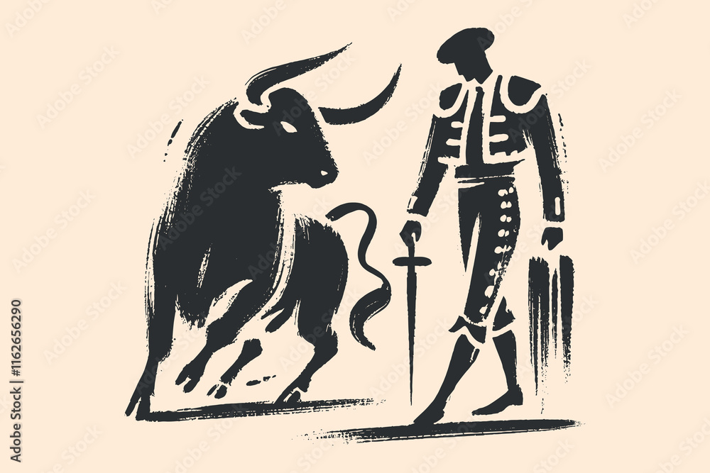 Wall Mural Minimalistic hand drawn brush bullfighter and bull in primitive style