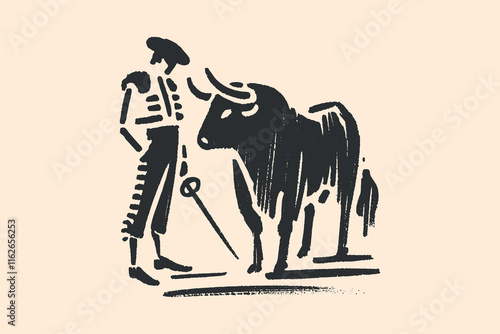 Minimalistic hand drawn brush bullfighter and bull in primitive style