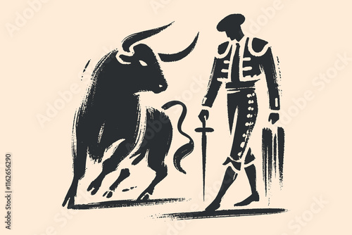 Minimalistic hand drawn brush bullfighter and bull in primitive style