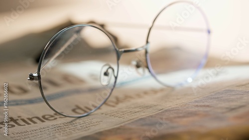 A close up of the glasses on the newspaper. photo