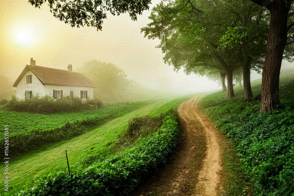 Obraz premium A Foggy Sunrise Over a Serene Village Landscape