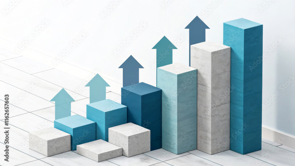 Obraz premium A series of growing 3D bar graphs in shades of blue and gray are accompanied by upward arrows indicating growth or development. The background has a minimalist tiled floor. AI generated.
