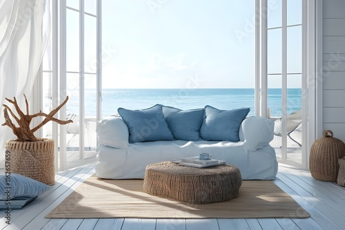 A living room with white and blue tones, soft linen furniture, driftwood sculptures, wooden floor and doors open to a view of the ocean.