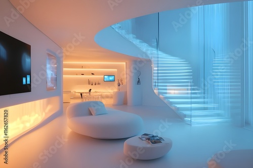 A futuristic home interior with sleek, curved furniture, integrated smart home technology, and ambient LED lighting.