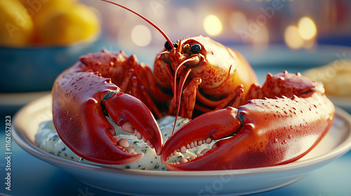 Fresh lobster with creamy sauce and lemon at a seaside restaurant.  photo