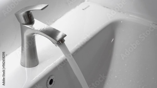 Hand turning water tap for pouring water into sink in bathroom.
