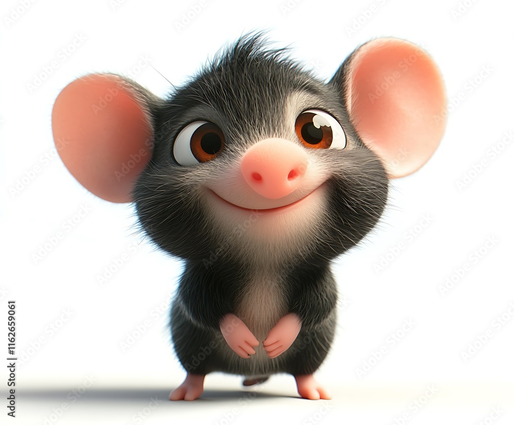 Adorable 3D rendered cartoon mouse with big ears and pink nose, looking up. Adorable 3D rendered cartoon mouse with big ears and pink nose, looking up.