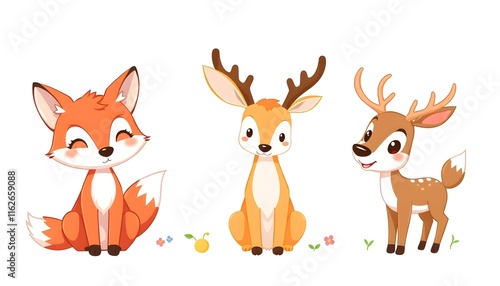 Cute Cartoon Forest Animals: Fox, Deer, and Deerling photo