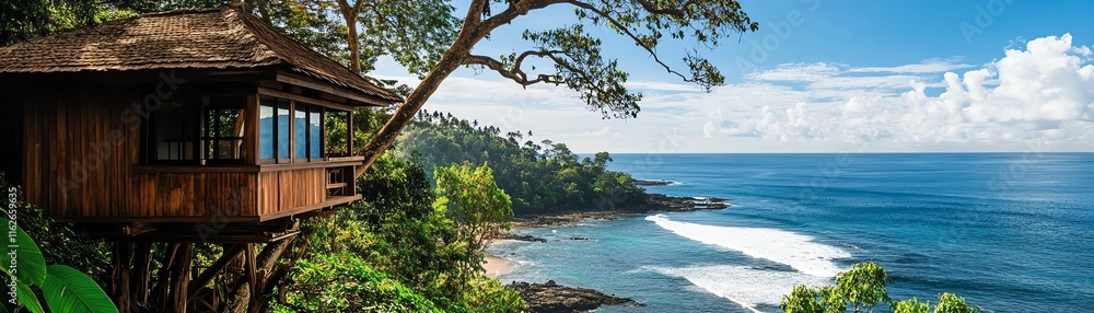 Stunning wooden house overlooking the ocean with lush greenery and blue sky. Stunning wooden house overlooking the ocean with lush greenery and blue sky.