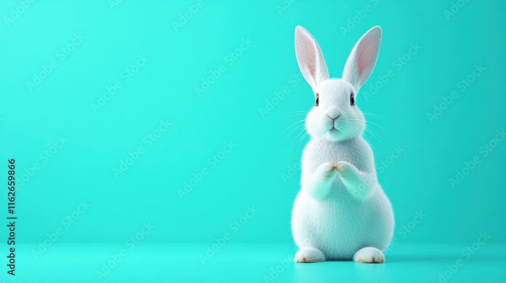 Cute White Rabbit Standing on a Bright Turquoise Background Cute White Rabbit Standing on a Bright Turquoise Background