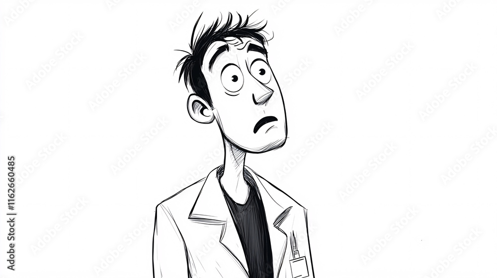 Black and white cartoon drawing of a scientist with messy hair looking up with a curious and surprised expression against a plain background
Black and white cartoon drawing of a scientist with messy hair looking up with a curious and surprised expression against a plain background
