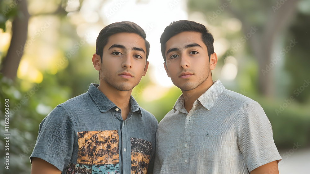 Identical twin men in casual shirts standing in urban park modern portrait composition Identical twin men in casual shirts standing in urban park modern portrait composition