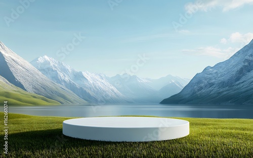 White cylindrical platform on grassy field with mountain lake background.