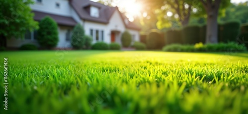 Residential backyard lawn in summer. Rich green grass field. Sunlight highlights vibrant green tones. Blurred house, trees in background showcase home exterior. Ideal for real estate advertising photo