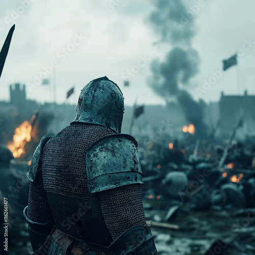 Knight surveys battlefield remnants after fierce conflict in a war-torn landscape. Generative AI