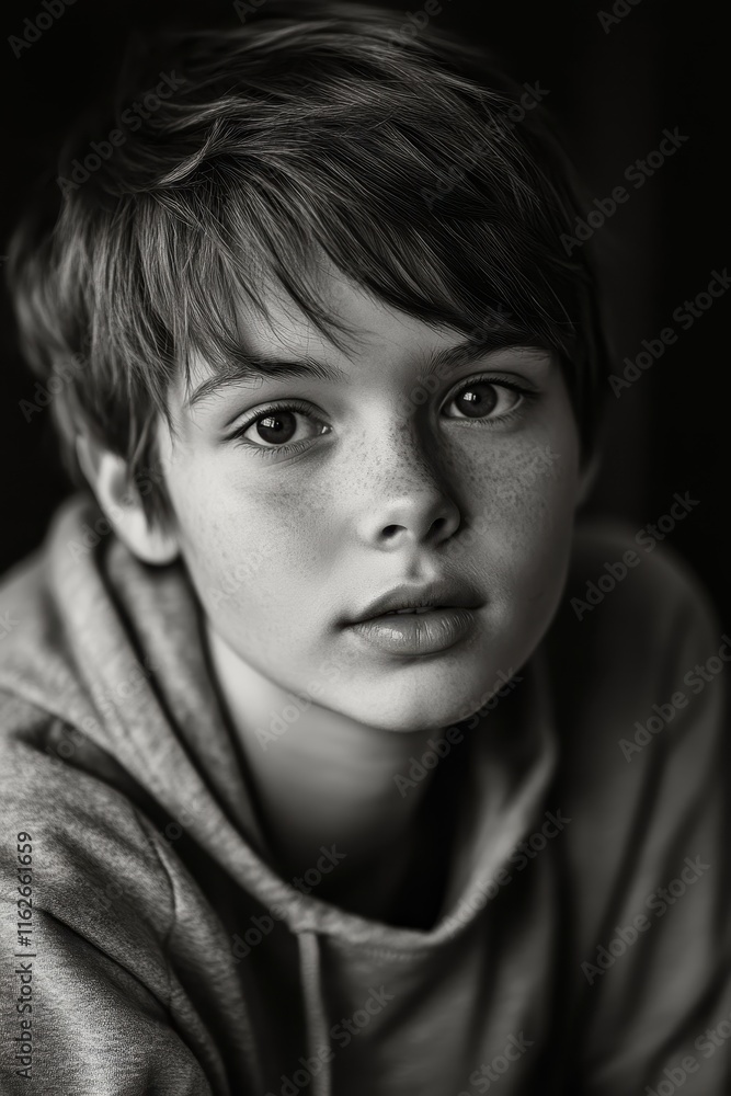 Black and white portrait of a curious Canadian boy in casual clothing Black and white portrait of a curious Canadian boy in casual clothing