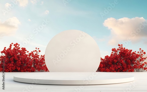 White circular podium with red flowers and a sky background. photo