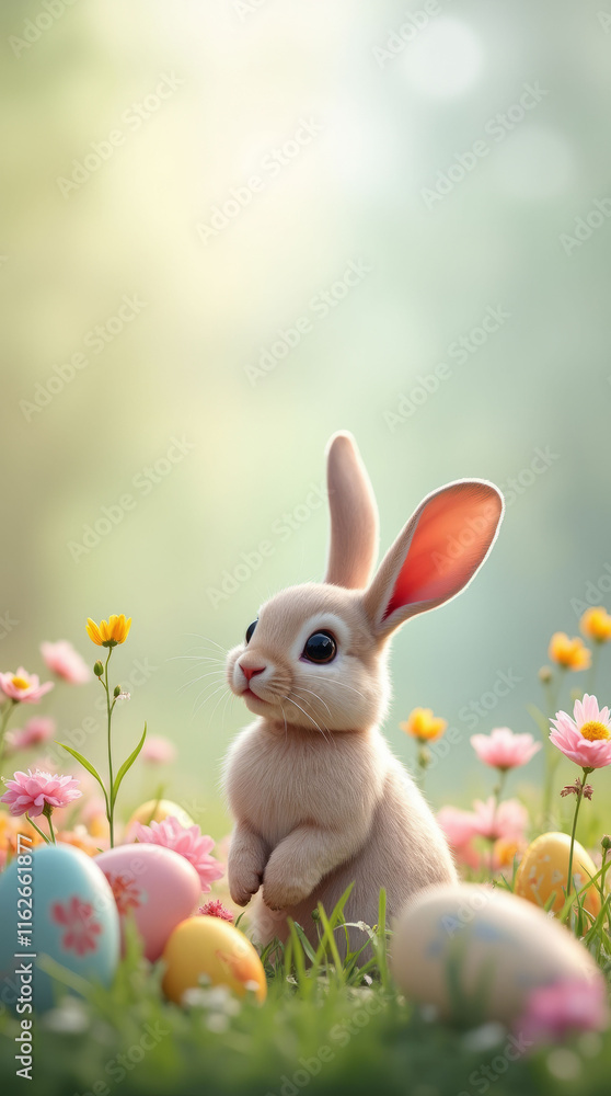 Fototapeta premium A fluffy bunny sitting among colorful Easter eggs and blooming flowers on a bright outdoor background, symbolizing springtime joy