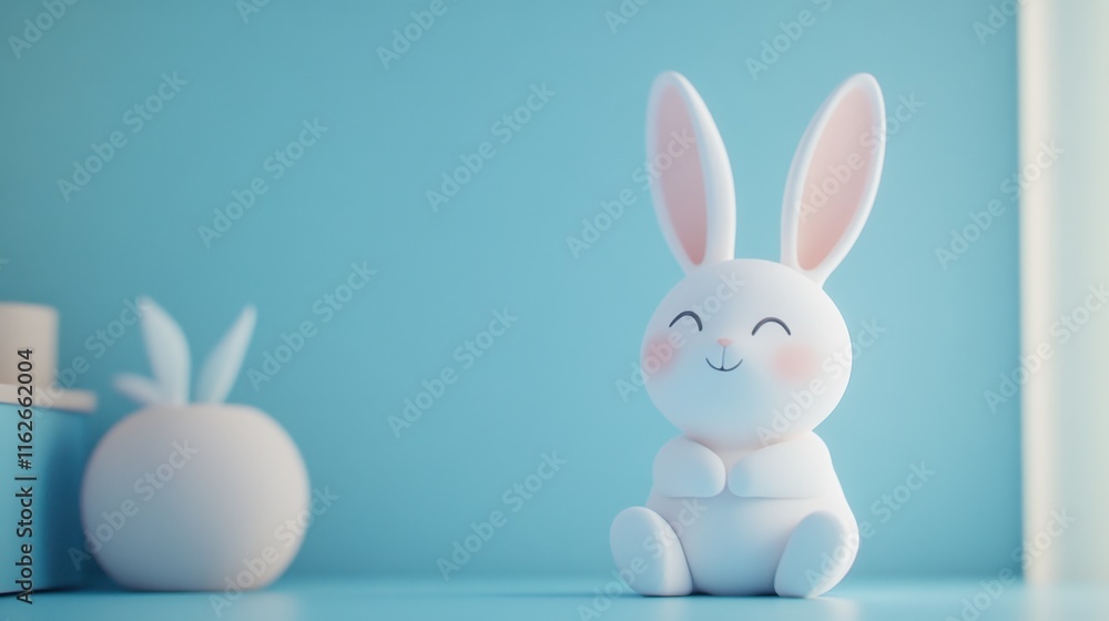 Obraz premium Cute cartoon bunny figurine with soft pastel colors on blue background