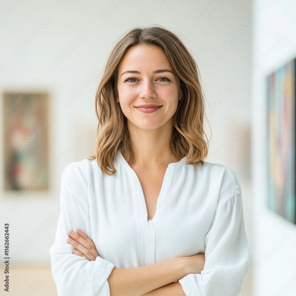 Confident young businesswoman smiling in modern office environment Confident young businesswoman smiling in modern office environment
