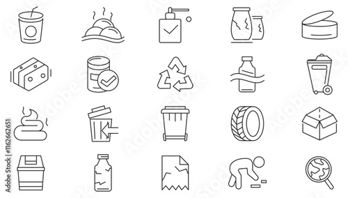 Garbage line icon set. Plastic bottles, biodegradable trash, junk truck, landfill, paper, glass, batteries, garbage disposal, trash separation line icon set. UI thin line icon pack.